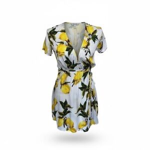 Lulu's A La Tarte White and Yellow Lemon Print Euro Summer Wrap Dress, XS